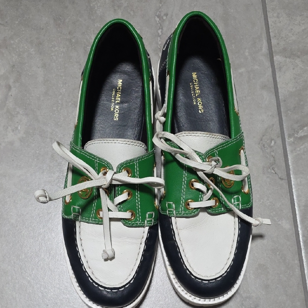 Michael Kors Green, White, and Black Loafers